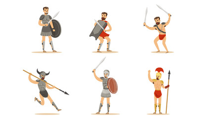 Fototapeta premium Gladiator The Armed Combatant Of Roman Empire Vector Illustration Set Isolated On White Background