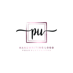 PU Initial handwriting logo design with brush box lines dark pink color gradation. handwritten logo for fashion, team, wedding, luxury logo.