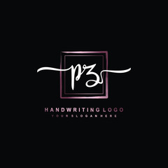 PZ Initial handwriting logo design with brush box lines dark pink color gradation. handwritten logo for fashion, team, wedding, luxury logo.