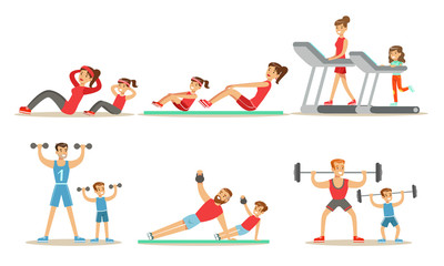 Fototapeta na wymiar Parents With Kids Doing Sports Exercises In Gym Together Vector Illustration Set Isolated On White Background
