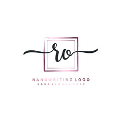 Obraz premium RO Initial handwriting logo design with brush box lines dark pink color gradation. handwritten logo for fashion, team, wedding, luxury logo.