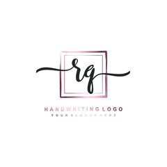 RQ Initial handwriting logo design with brush box lines dark pink color gradation. handwritten logo for fashion, team, wedding, luxury logo.