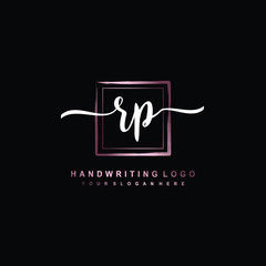 RP Initial handwriting logo design with brush box lines dark pink color gradation. handwritten logo for fashion, team, wedding, luxury logo.