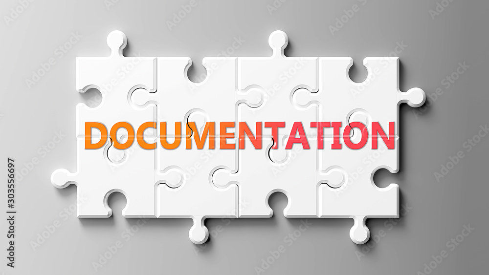 Aufkleber Documentation complex like a puzzle - pictured as word Documentation on a puzzle pieces to show that Documentation can be difficult and needs cooperating pieces that fit together, 3d illustration