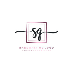SQ Initial handwriting logo design with brush box lines dark pink color gradation. handwritten logo for fashion, team, wedding, luxury logo.