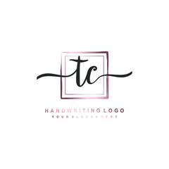 TC Initial handwriting logo design with brush box lines dark pink color gradation. handwritten logo for fashion, team, wedding, luxury logo.
