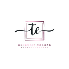 TE Initial handwriting logo design with brush box lines dark pink color gradation. handwritten logo for fashion, team, wedding, luxury logo.