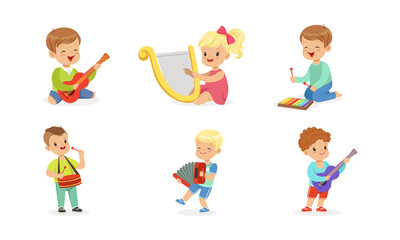 Little Kids Playing Musical Instruments Vector Illustrations Set