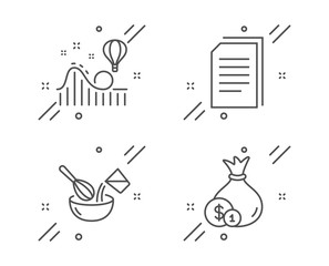 Cooking whisk, Roller coaster and Copy files line icons set. Cash sign. Cutlery, Attraction park, Copying documents. Banking currency. Business set. Line cooking whisk outline icon. Vector