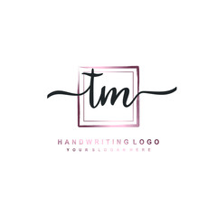 TM Initial handwriting logo design with brush box lines dark pink color gradation. handwritten logo for fashion, team, wedding, luxury logo.