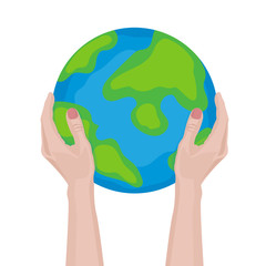 Globe and hands doodle. Earth icon hand-drawn on white background. Vector illustration.