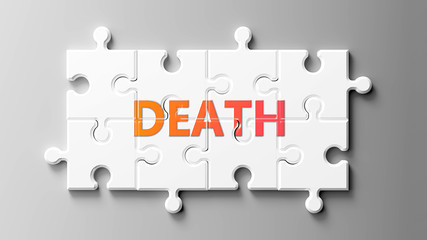 Death complex like a puzzle - pictured as word Death on a puzzle pieces to show that Death can be difficult and needs cooperating pieces that fit together, 3d illustration