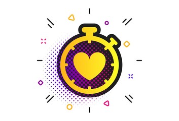 Heart Timer sign icon. Halftone dots pattern. Stopwatch symbol. Heartbeat palpitation. Classic flat timer icon. Vector