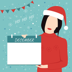 Christmas calendar. December. Girl in Santa hat.