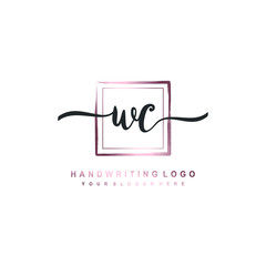 WC Initial handwriting logo design with brush box lines dark pink color gradation. handwritten logo for fashion, team, wedding, luxury logo.