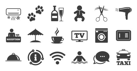 Set of Hotel services icons. Information, chat bubble icon. Taxi, Wifi internet and Swimming pool signs. Coffee, Wine bottle and Air conditioning symbols. Quality set. Vector
