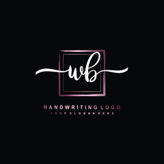 WB Initial handwriting logo design with brush box lines dark pink color gradation. handwritten logo for fashion, team, wedding, luxury logo.