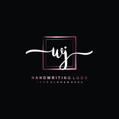 WJ Initial handwriting logo design with brush box lines dark pink color gradation. handwritten logo for fashion, team, wedding, luxury logo.