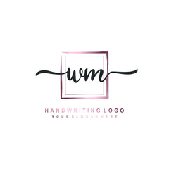 WM Initial handwriting logo design with brush box lines dark pink color gradation. handwritten logo for fashion, team, wedding, luxury logo.