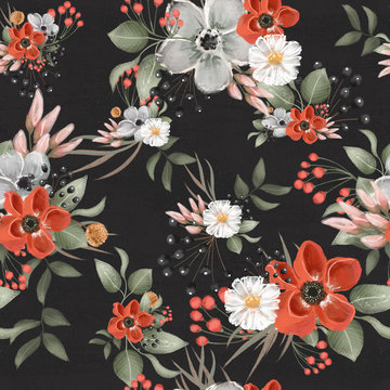 Beautiful floral seamless, tileable, watercolor pattern on black background
