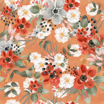 Beautiful floral seamless, tileable, watercolor pattern on orange background