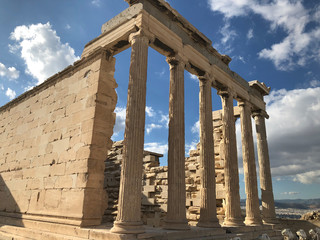 Beautiful ancient Erechtheion temple on a mountain in Acropolis, Athens, Greece