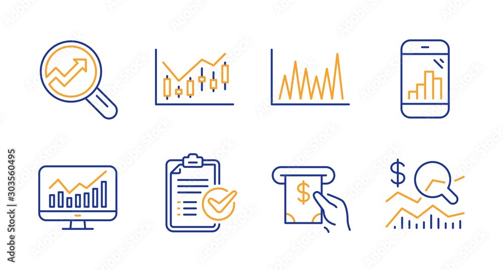 Poster line graph, financial diagram and survey checklist line icons set. statistics, atm service and graph