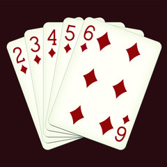 Straight Flush of Diamonds from Two to Six - playing cards vector illustration