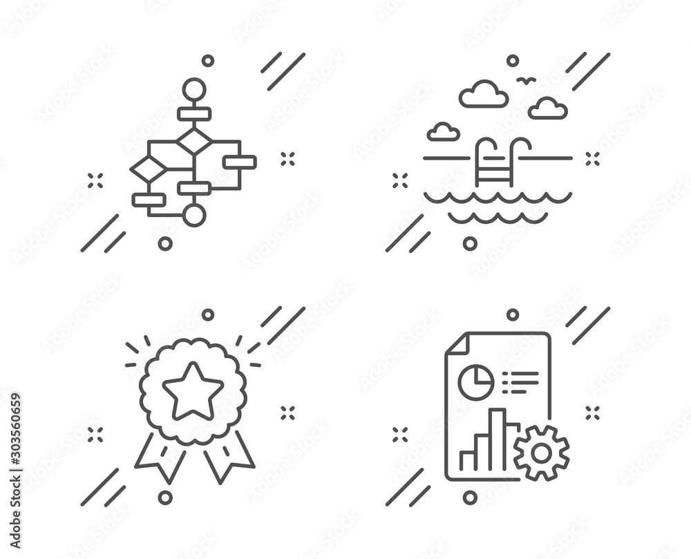 Poster swimming pool, block diagram and ranking star line icons set. report sign. basin, algorithm path, wi