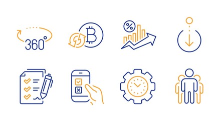 360 degrees, Survey checklist and Refresh bitcoin line icons set. Scroll down, Time management and Loan percent signs. Mobile survey, Group symbols. Full rotation, Report. Technology set. Vector © blankstock