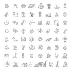 Fototapeta na wymiar Collection of linear style vector icons on the theme of electric power. Renewable and non-renewable resources