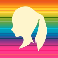 Teen profile silhouette. Cute adolescent girl portrait. Ponytail hairstyle. Gradient paint horizontal lines