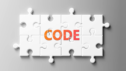 Code complex like a puzzle - pictured as word Code on a puzzle pieces to show that Code can be difficult and needs cooperating pieces that fit together, 3d illustration
