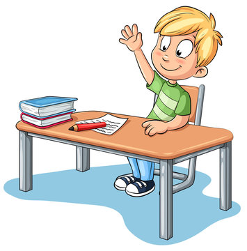 Junge an Schultisch zeigt auf - Vektor-Illustration