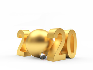 Golden number 2020 New Year and golden Christmas ball isolated on white. 3D illustration