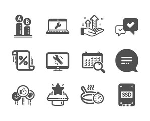 Set of Technology icons, such as Analysis graph, Loan percent, Monitor repair, Search calendar, Approve, Text message, Like, Winner podium, Laptop repair, Ab testing, Ssd, Frying pan. Vector