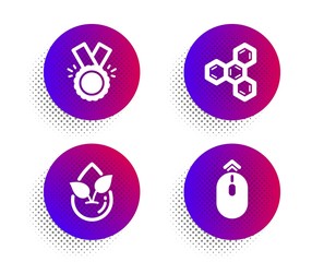 Chemical formula, Honor and Organic product icons simple set. Halftone dots button. Swipe up sign. Chemistry, Medal, Leaf. Scrolling page. Business set. Classic flat chemical formula icon. Vector