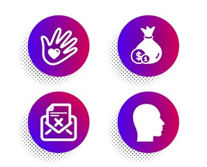 Reject letter, Cash and Social responsibility icons simple set. Halftone dots button. Head sign. Delete mail, Banking currency, Helping hand. Human profile. Business set. Vector
