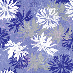 Winter pattern with white cornflowers on a blue background. Endless vector illustration for fabric, tile, paper.