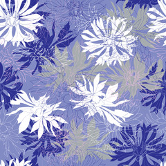 Obraz premium Winter pattern with white cornflowers on a blue background. Endless vector illustration for fabric, tile, paper.