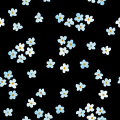 Little blue and white flowers watercolor painting - hand drawn seamless pattern on black