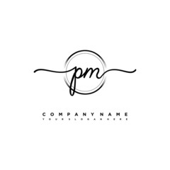 PM Initial handwriting logo design with brush circle lines black color. handwritten logo for fashion, team, wedding, luxury logo.