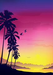 Fototapeta na wymiar landscape with coconut palm trees at sunset background ,Silhouette vector background.