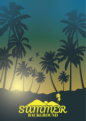 landscape with coconut palm trees at sunset background ,Silhouette vector background.