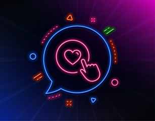 Click like line icon. Neon laser lights. Love button symbol. Valentines day sign. Glow laser speech bubble. Neon lights chat bubble. Banner badge with like button icon. Vector