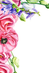 Fototapeta premium watercolor illustration on isolated white background, hand drawing, bouquet of flowers, ranunculus, blue bell, rose, peony