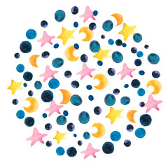 watercolor drawing of crescents and stars. Design for use in clothing, covers, paintings, posters, textiles