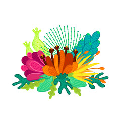 Bouquet of beautiful colorful flowers. Speckled petals. Hand-drawn plants. Floral arrangement. Bunch of bloom. Composition for design of cards, invitations, posters, flyers, print on clothes. Vector