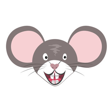 Vector Mouse Animal, the Chinese zodiac symbol. Flat cartoon rat head with teeth braces, grey mouse face isolated. Year symbol for dentistry clinics, poster, banner, print, advertisement