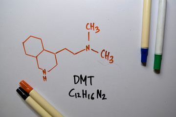 DMT write on the white board. Structural chemical formula. Education concept